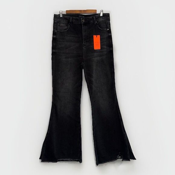 Risen Jeans High Rise Slit Flare Black Denim Fray Hem Bell Bottom Stretch 1XL/16 - Picture 1 of 16